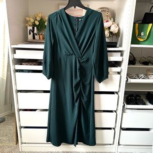 Zara Dark Green Vneck gathered midi dress with slit